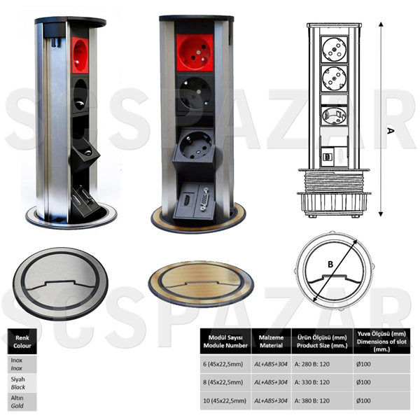 6 MODÜL MASAYA GÖMME DIKILI TIP BAS-AÇ PRİZ KUTUSU ELOKSAL INOX